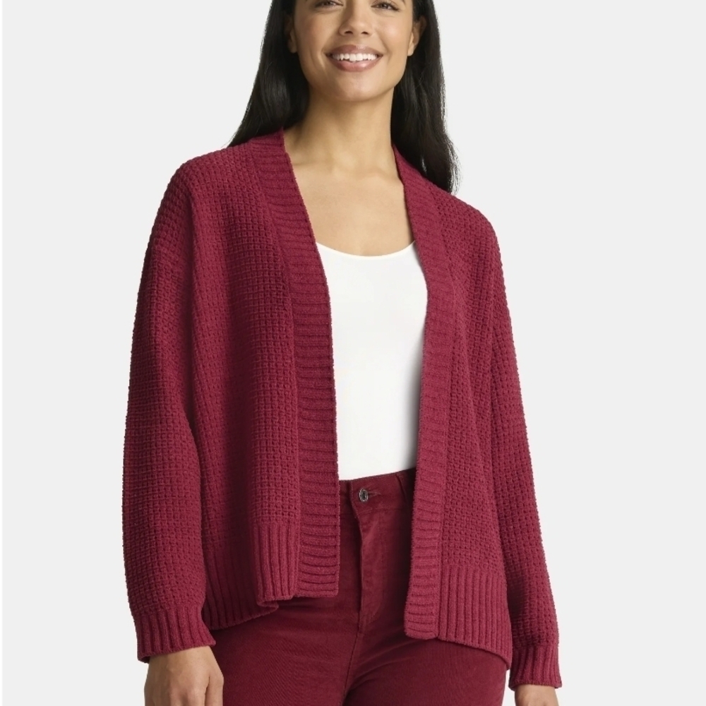 Waffle Knit Open Cardigan Sweater - Burgundy - Picture 3 of 4